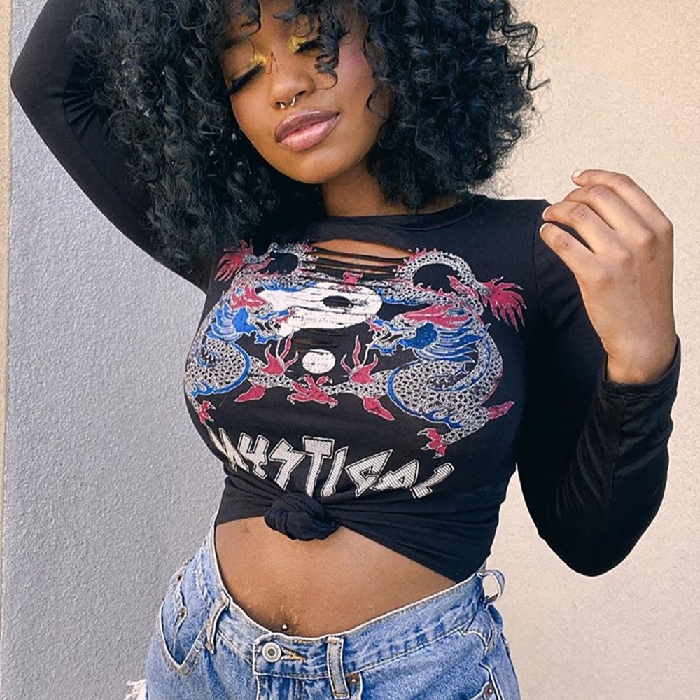 Graphic Long Sleeve Black Crop top Distressed